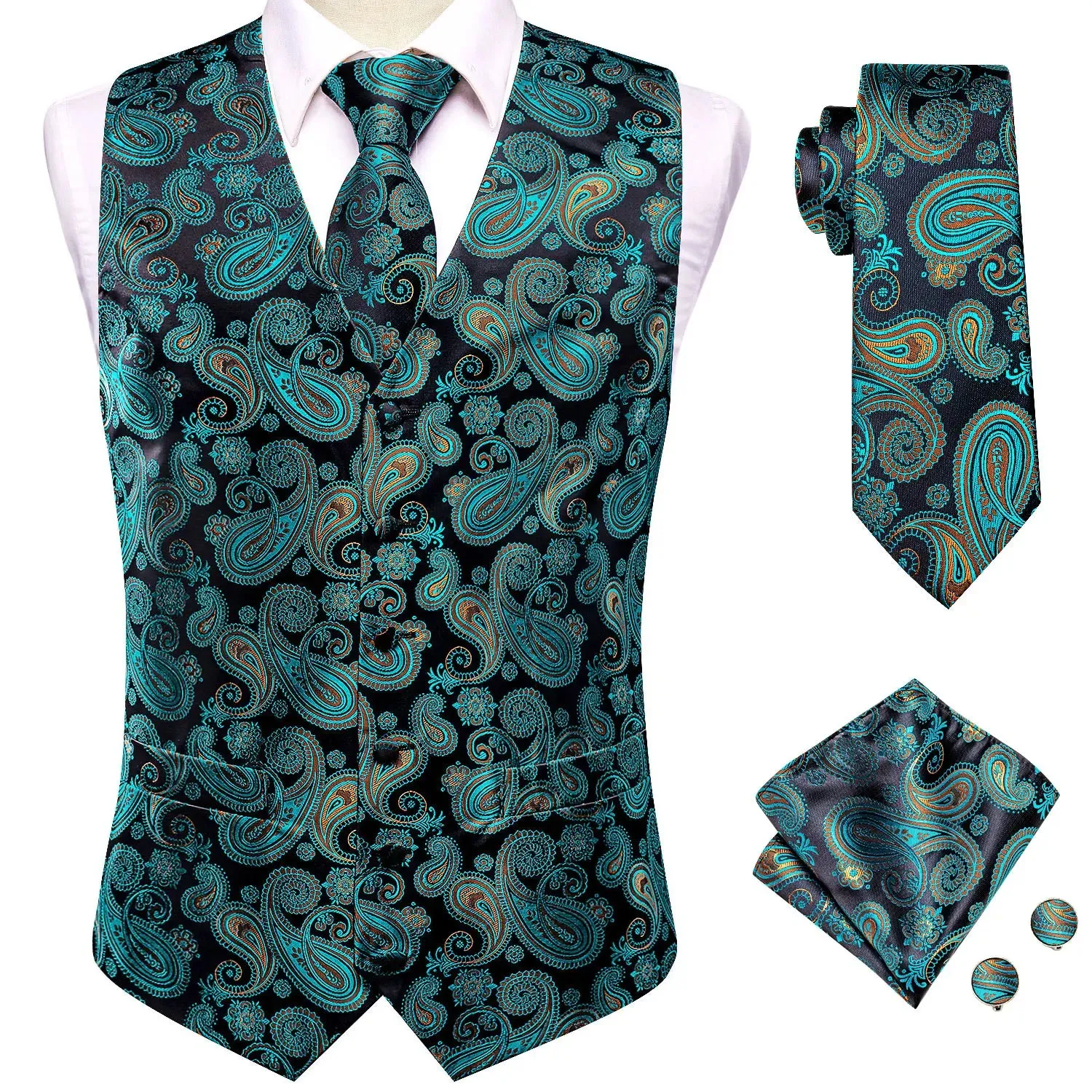 WIAOFELLAS New Mens Suit Vests Necktie Hankerchief Cufflinks Set Silk Slim Fit Male Waistcoat Jacquard Sleeveless Waist Jacket