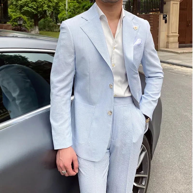WIAOFELLAS Summer Thin Men Leisure Blue Striped Seersucker Suit British Gentry Suit Men Suit Business Tuxedos Slim Fit Groom Men Suit