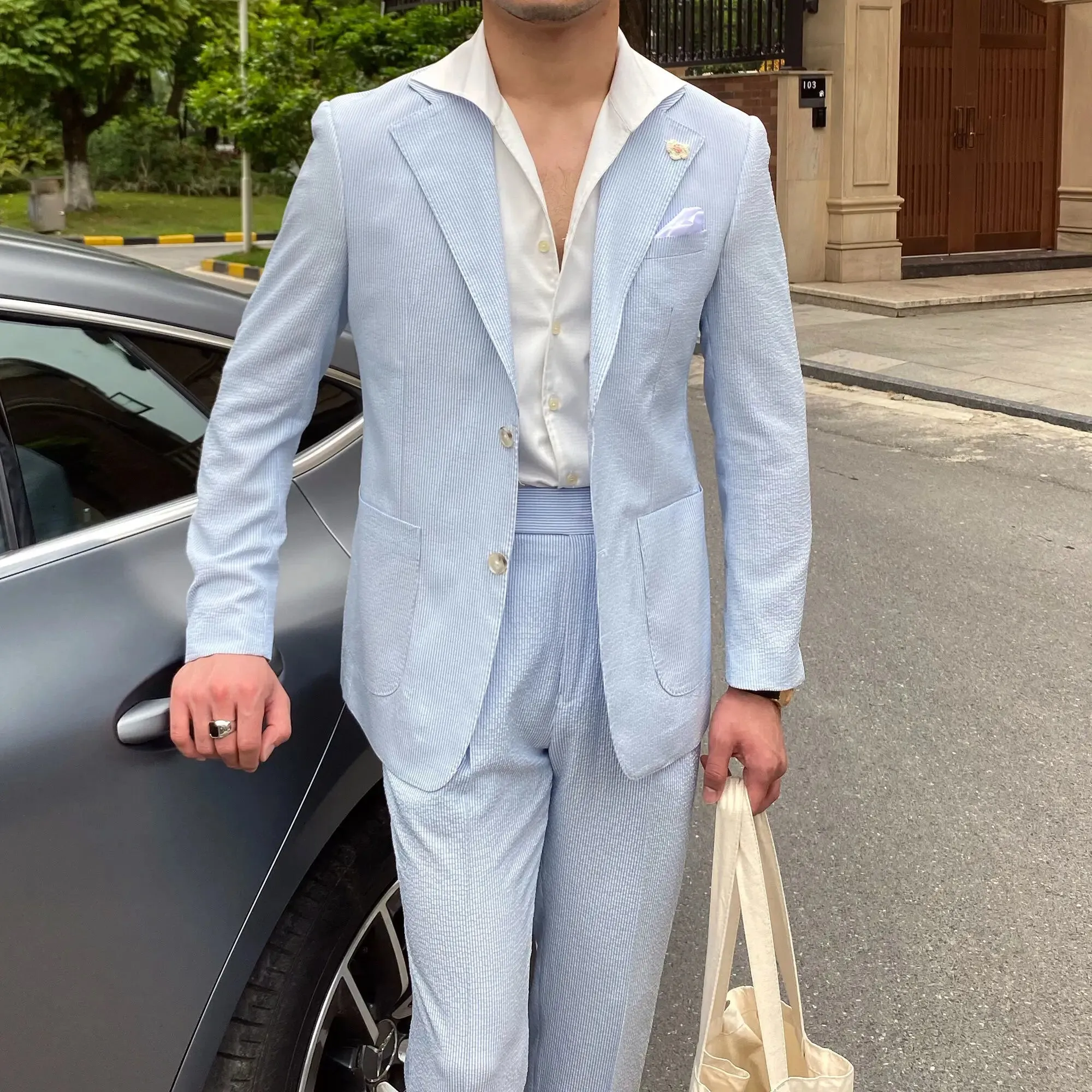 WIAOFELLAS Summer Thin Men Leisure Blue Striped Seersucker Suit British Gentry Suit Men Suit Business Tuxedos Slim Fit Groom Men Suit