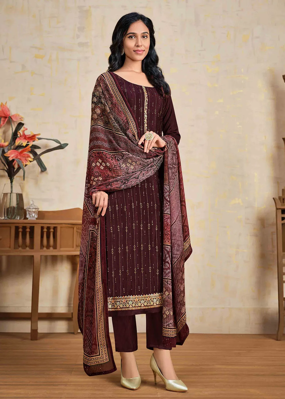 Wine Chinnon Pant Style Wedding Ceremony Suit
