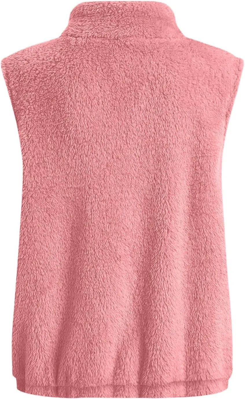 Women Fleece Vest Casual Sleeveless Sherpa Jacket Zip Up Stand Collar Fuzzy Jacket Casual Sherpa Vest with Pocket