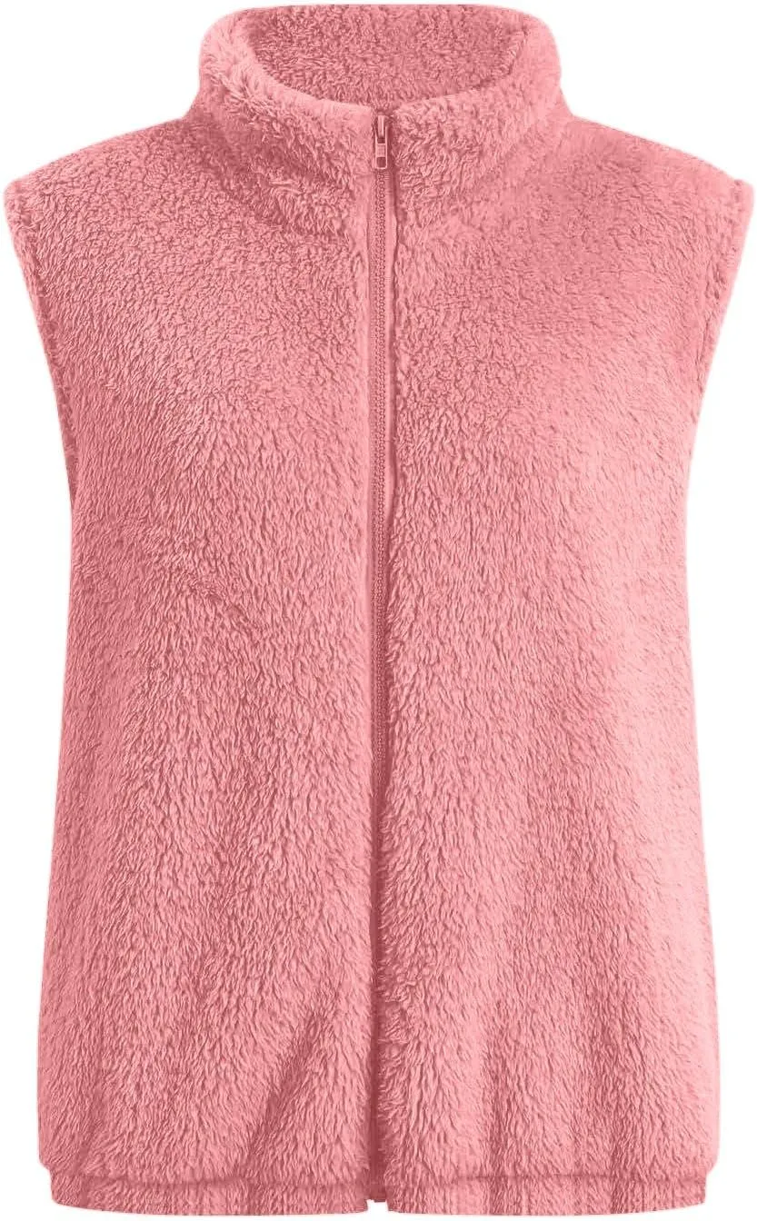 Women Fleece Vest Casual Sleeveless Sherpa Jacket Zip Up Stand Collar Fuzzy Jacket Casual Sherpa Vest with Pocket