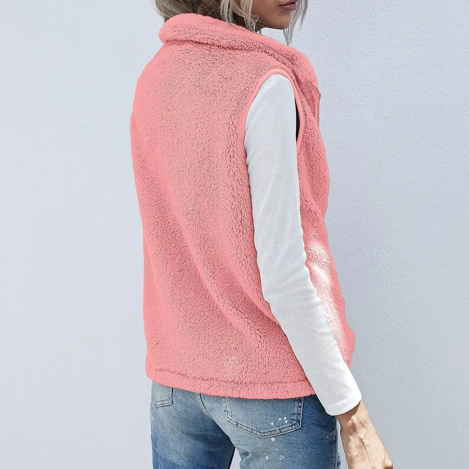 Women Fleece Vest Casual Sleeveless Sherpa Jacket Zip Up Stand Collar Fuzzy Jacket Casual Sherpa Vest with Pocket