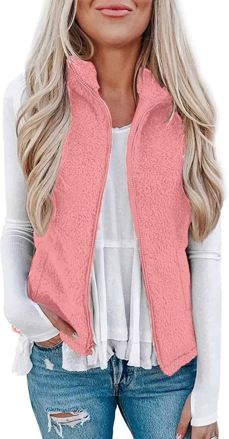 Women Fleece Vest Casual Sleeveless Sherpa Jacket Zip Up Stand Collar Fuzzy Jacket Casual Sherpa Vest with Pocket
