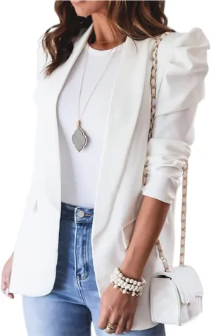 Women's Casual Blazers Puff Sleeve Long Sleeve Lapel Open Front Jackets Work Office Suit Coat with Pockets Cozy Trendy