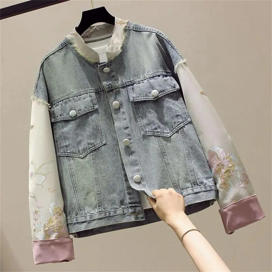 Women's Embroidered Denim Jacket Chinese Stitching Short Denim Jacket