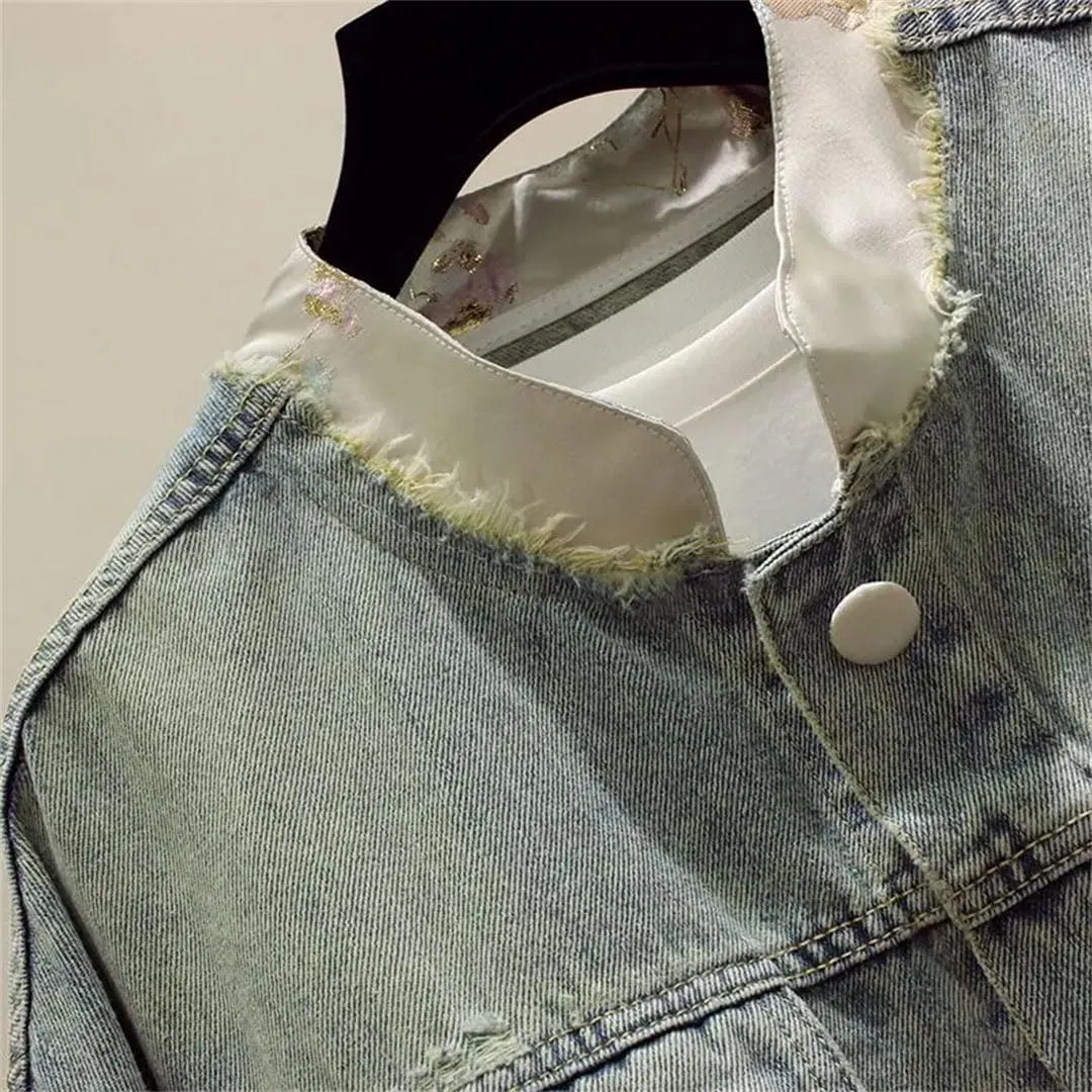 Women's Embroidered Denim Jacket Chinese Stitching Short Denim Jacket