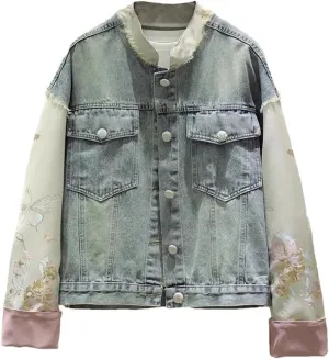 Women's Embroidered Denim Jacket Chinese Stitching Short Denim Jacket