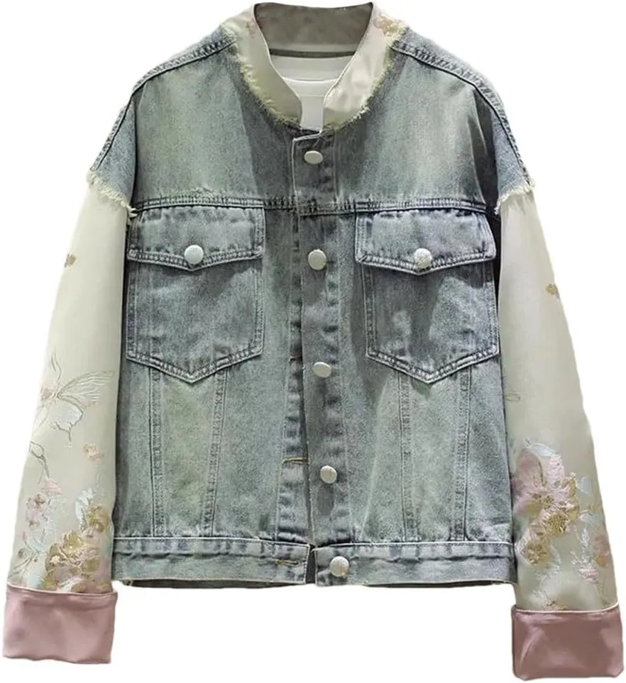 Women's Embroidered Denim Jacket Chinese Stitching Short Denim Jacket