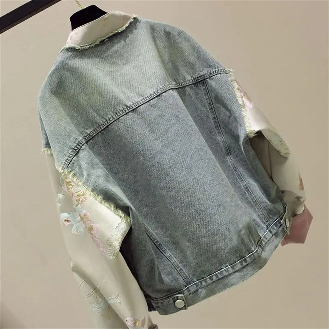 Women's Embroidered Denim Jacket Chinese Stitching Short Denim Jacket