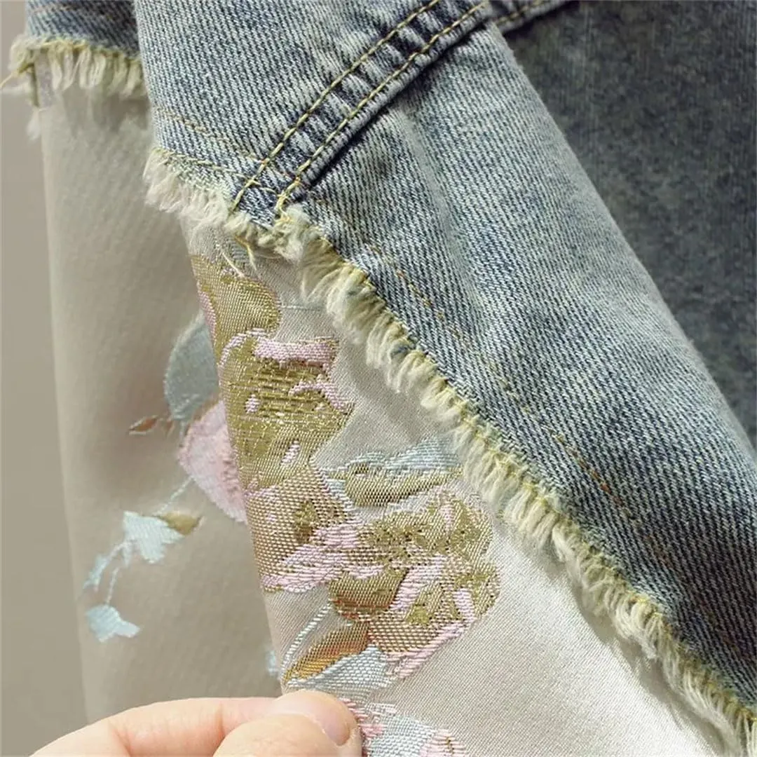 Women's Embroidered Denim Jacket Chinese Stitching Short Denim Jacket