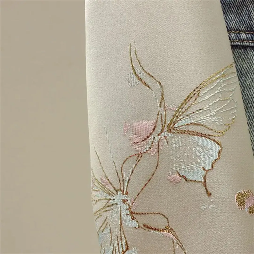 Women's Embroidered Denim Jacket Chinese Stitching Short Denim Jacket