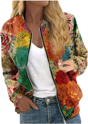 Womens Fashion Fall Bomber Jacket Casual Lightweight Coat Dressy Floral Printed Zip Up Outwear Gifts for Women