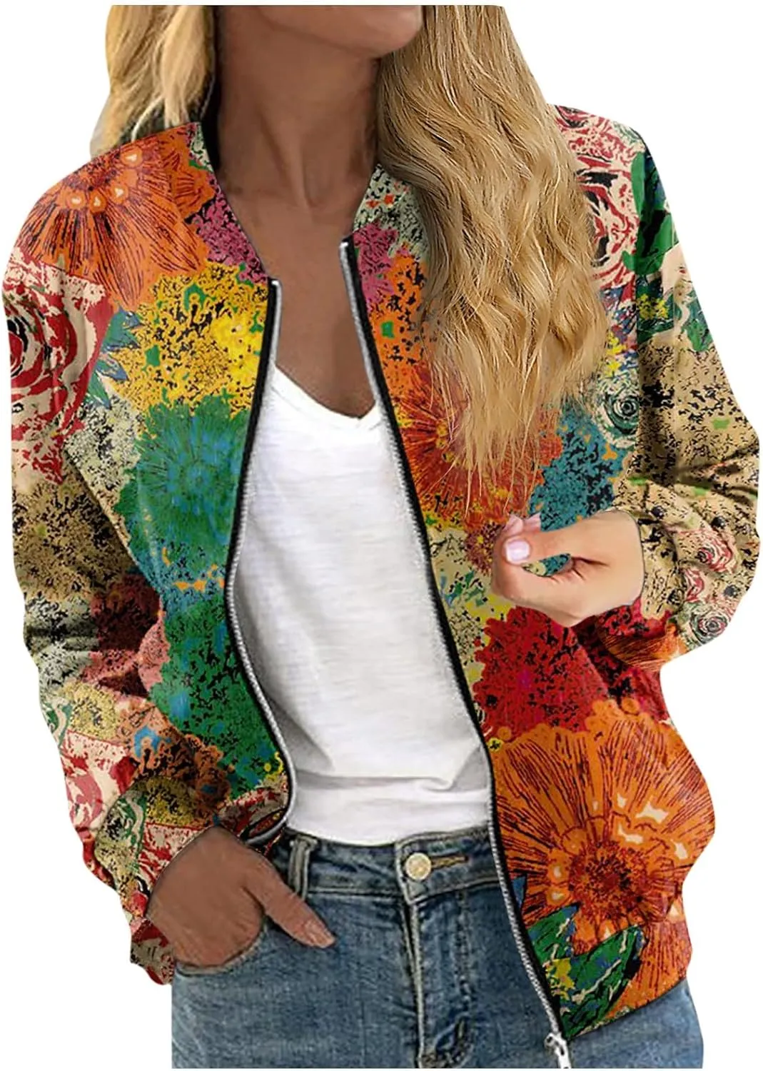 Womens Fashion Fall Bomber Jacket Casual Lightweight Coat Dressy Floral Printed Zip Up Outwear Gifts for Women