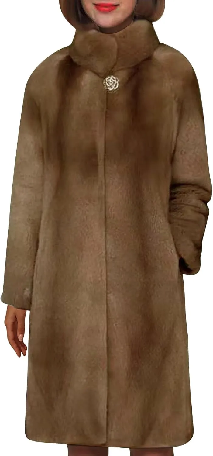 Women's Faux Fur Coat Fuzzy Warm Winter Long Fur Jackets Cardigan High Neck Trench Coat Outerwear Pocketed Overcoat