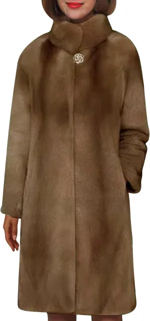 Women's Faux Fur Coat Fuzzy Warm Winter Long Fur Jackets Cardigan High Neck Trench Coat Outerwear Pocketed Overcoat