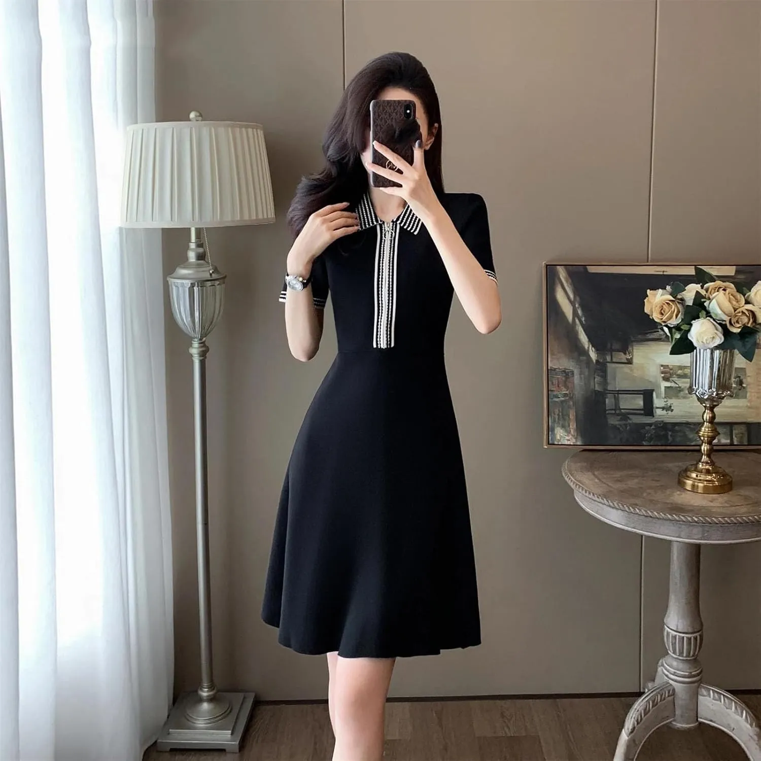Women's French Vintage Striped Knit Dress - Lapel Collar Short Sleeve Zipper A-Line