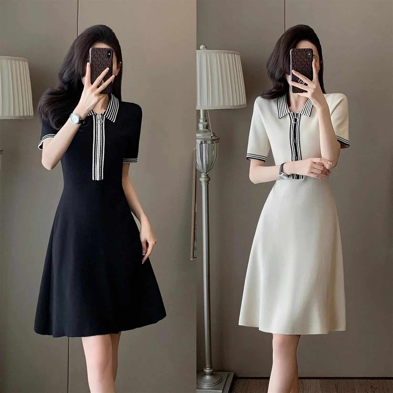 Women's French Vintage Striped Knit Dress - Lapel Collar Short Sleeve Zipper A-Line
