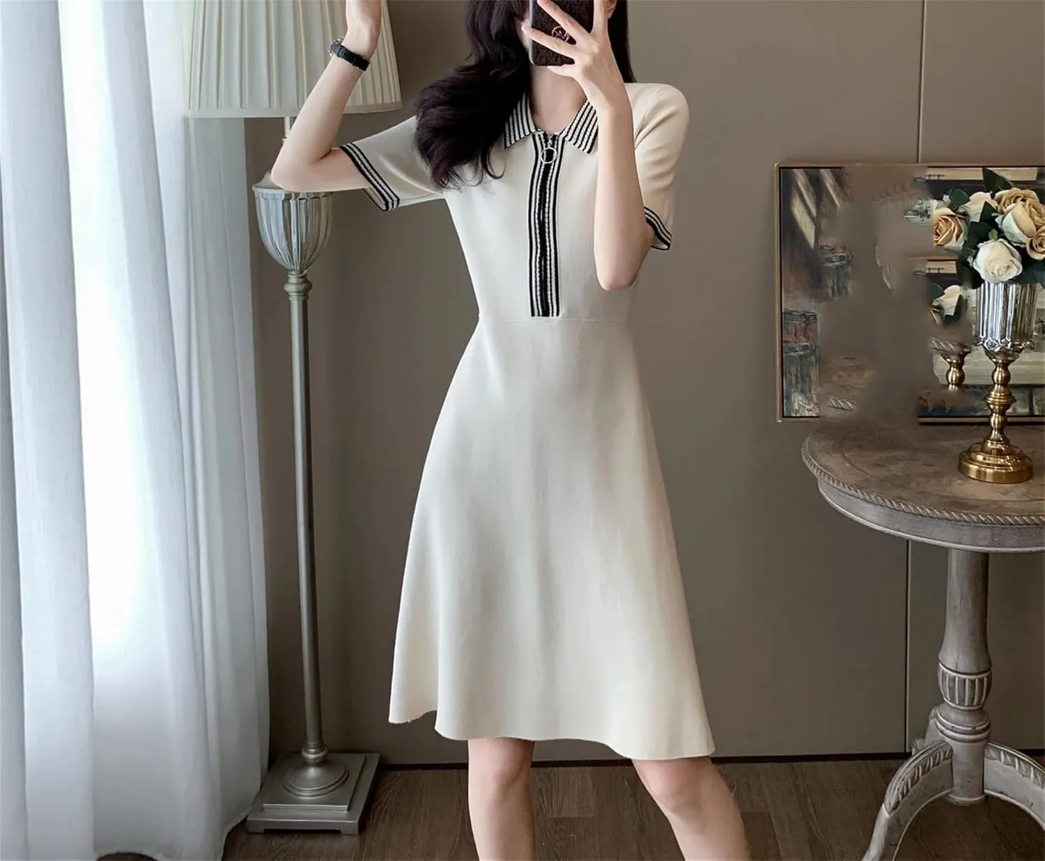 Women's French Vintage Striped Knit Dress - Lapel Collar Short Sleeve Zipper A-Line