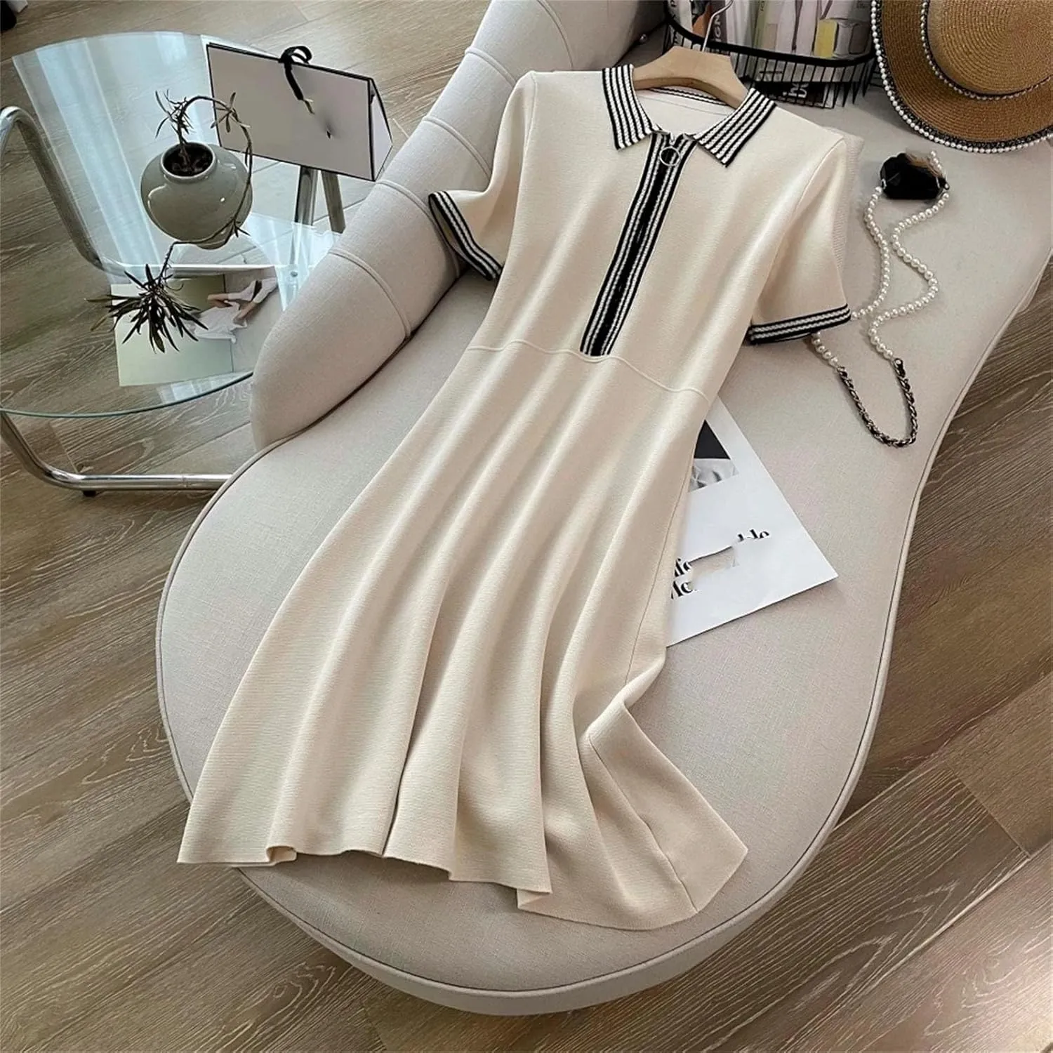 Women's French Vintage Striped Knit Dress - Lapel Collar Short Sleeve Zipper A-Line