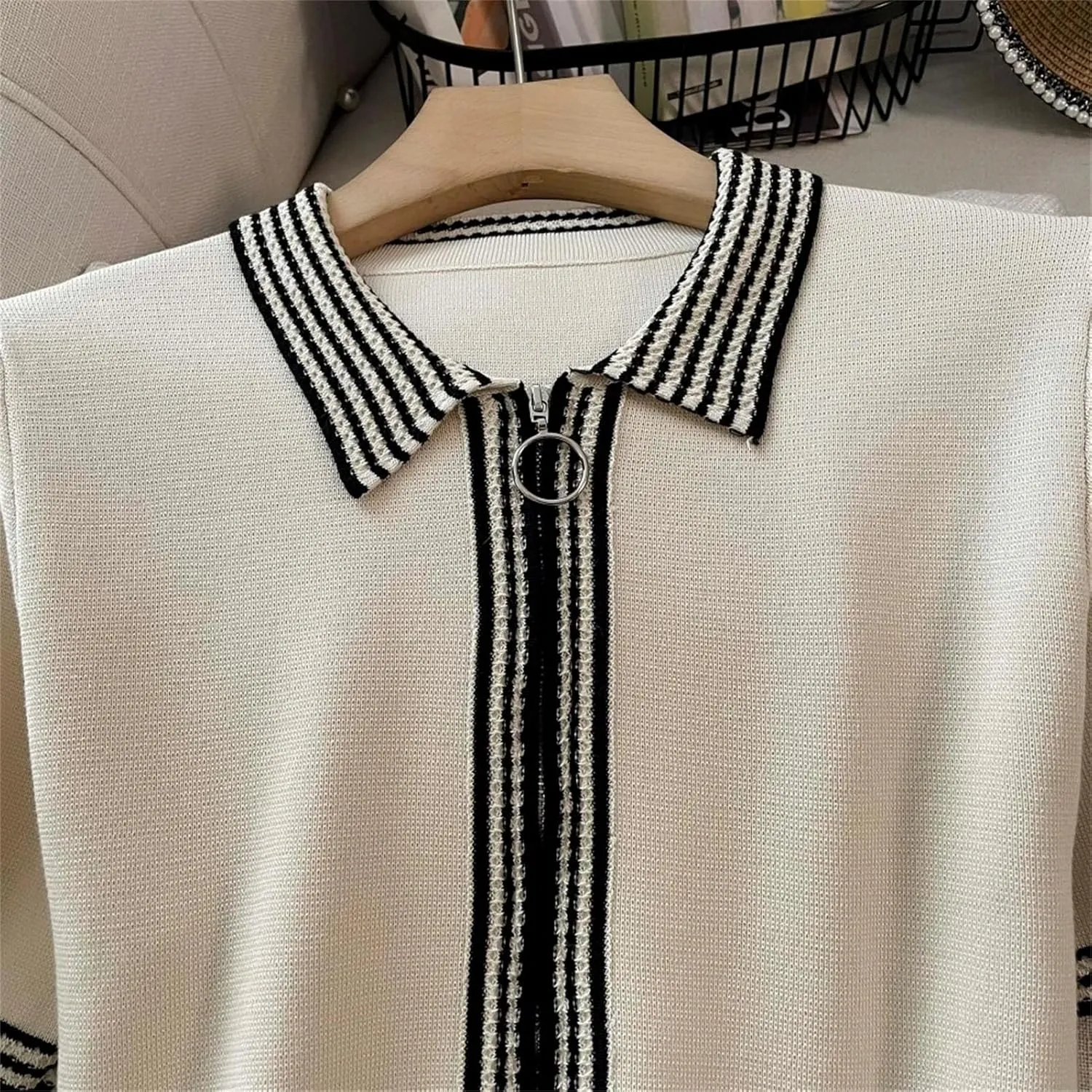Women's French Vintage Striped Knit Dress - Lapel Collar Short Sleeve Zipper A-Line