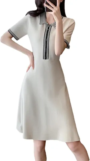Women's French Vintage Striped Knit Dress - Lapel Collar Short Sleeve Zipper A-Line