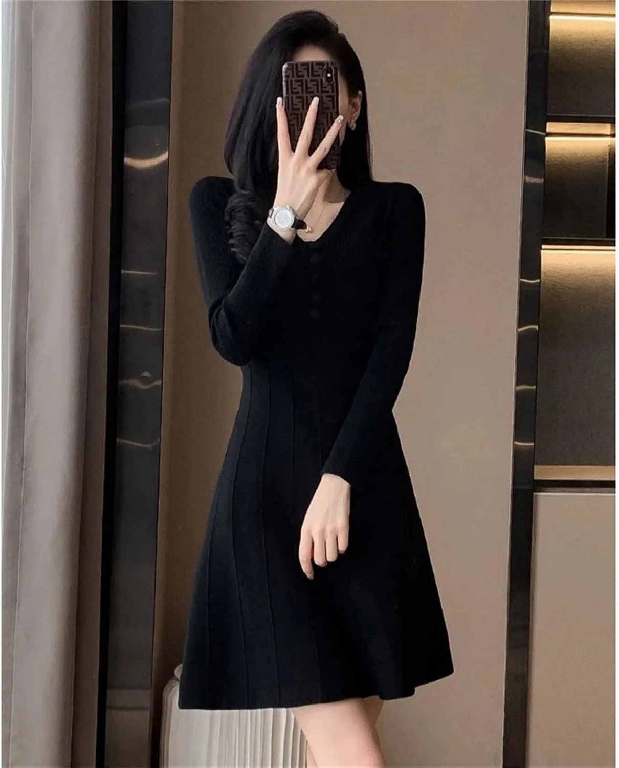 Women's Knit Mini Sweater Dress - V-Neck Long Sleeve Pocket Warm Slim