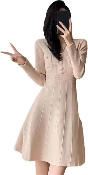 Women's Knit Mini Sweater Dress - V-Neck Long Sleeve Pocket Warm Slim
