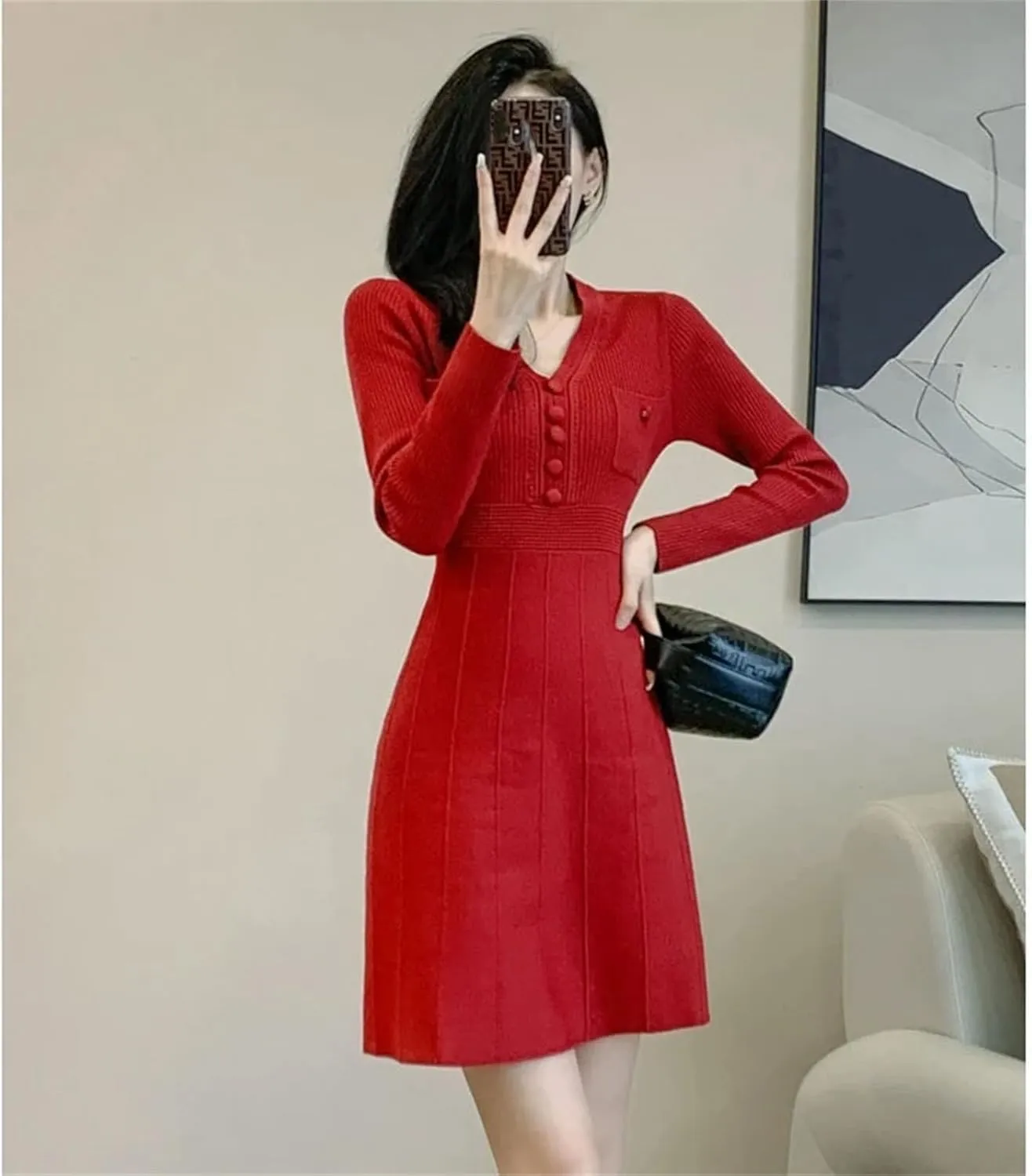 Women's Knit Mini Sweater Dress - V-Neck Long Sleeve Pocket Warm Slim