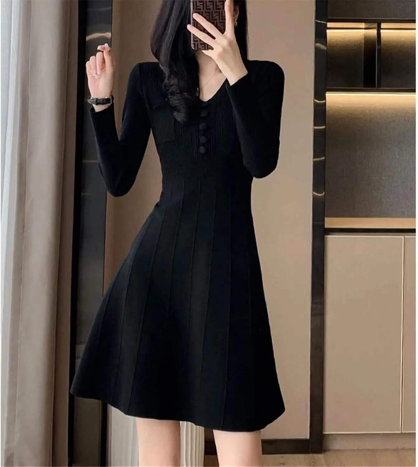 Women's Knit Mini Sweater Dress - V-Neck Long Sleeve Pocket Warm Slim