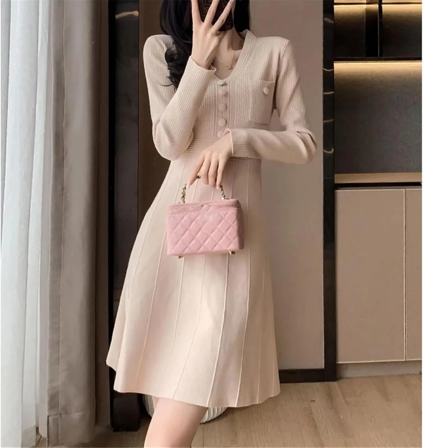 Women's Knit Mini Sweater Dress - V-Neck Long Sleeve Pocket Warm Slim