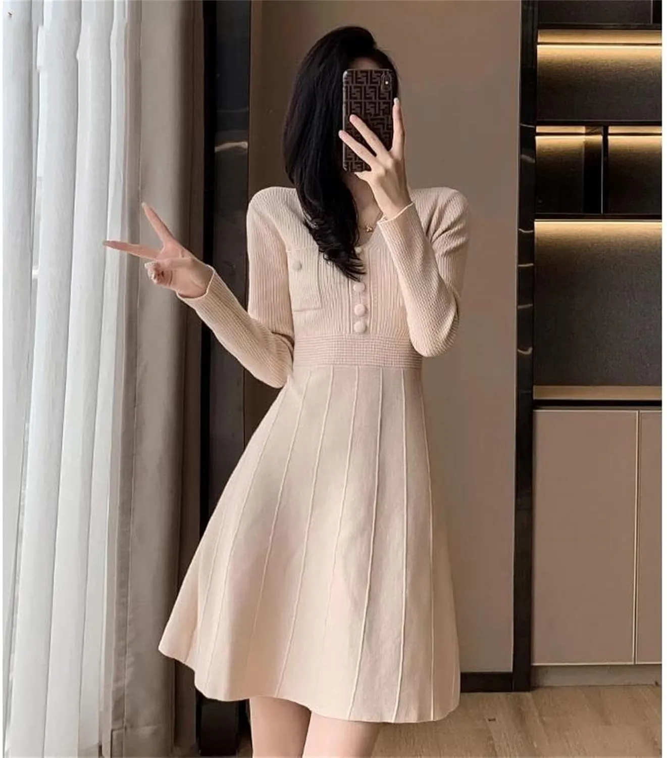 Women's Knit Mini Sweater Dress - V-Neck Long Sleeve Pocket Warm Slim