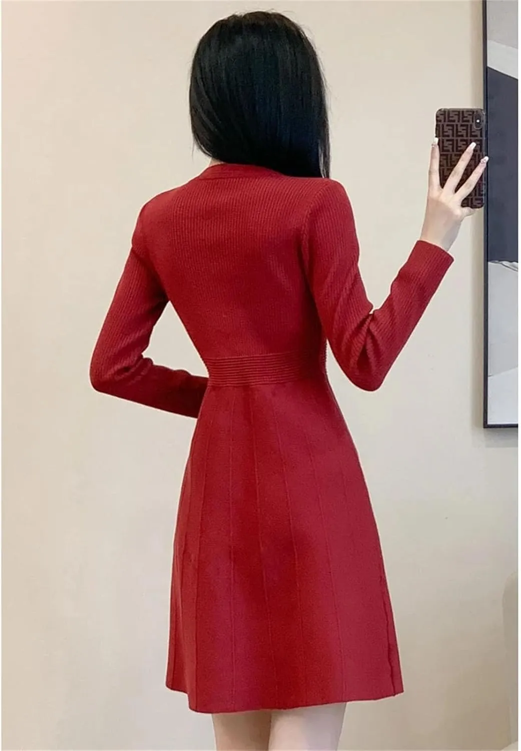 Women's Knit Mini Sweater Dress - V-Neck Long Sleeve Pocket Warm Slim