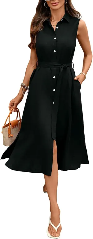 Women's Linen Midi Dress Button Down Shirt Dresses 100% Linen Collar Sleeveless Belt Dress with Pockets