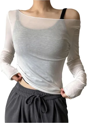 Women's Mesh Sheer Tops Off The Shoulder Long Sleeve See Through Shirts Going Out Party Club Outfits