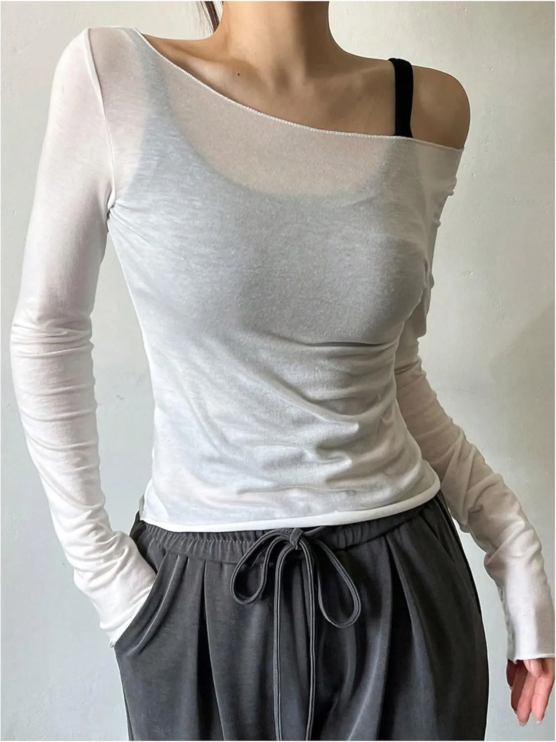 Women's Mesh Sheer Tops Off The Shoulder Long Sleeve See Through Shirts Going Out Party Club Outfits