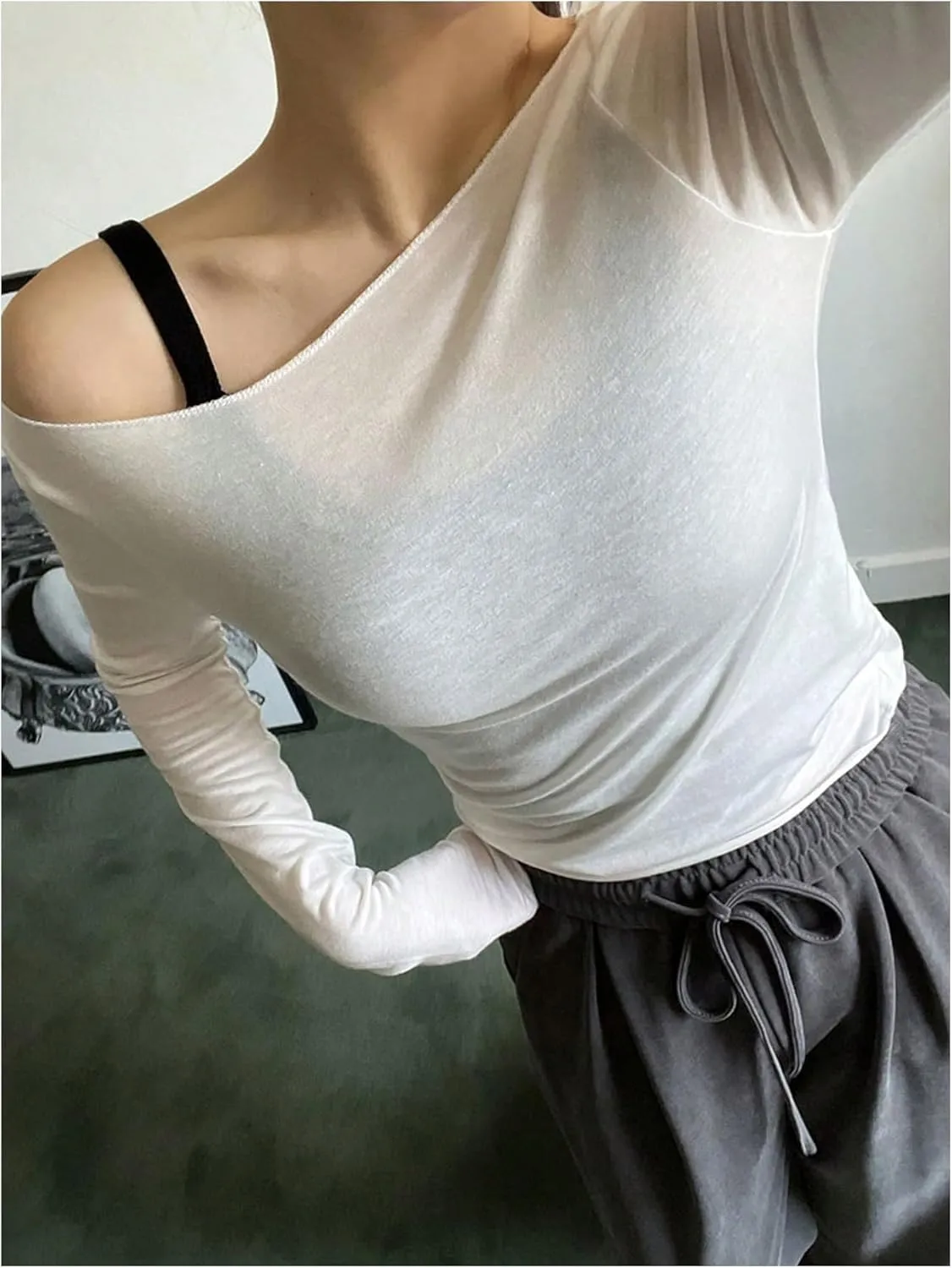 Women's Mesh Sheer Tops Off The Shoulder Long Sleeve See Through Shirts Going Out Party Club Outfits