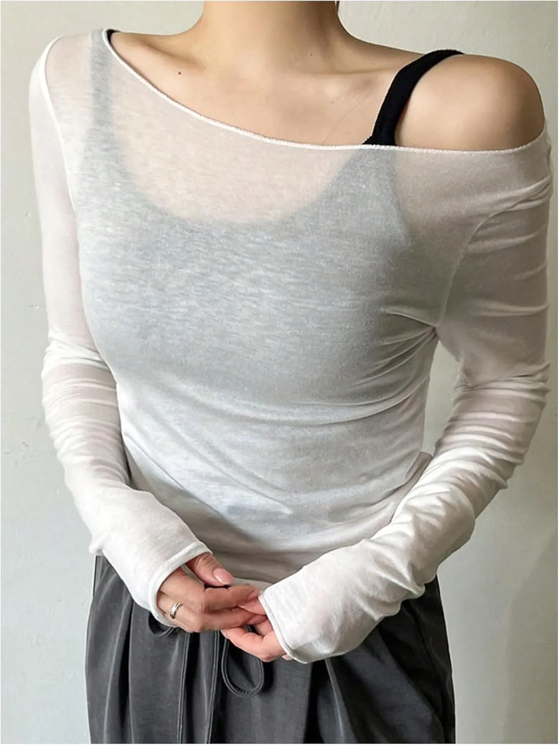 Women's Mesh Sheer Tops Off The Shoulder Long Sleeve See Through Shirts Going Out Party Club Outfits