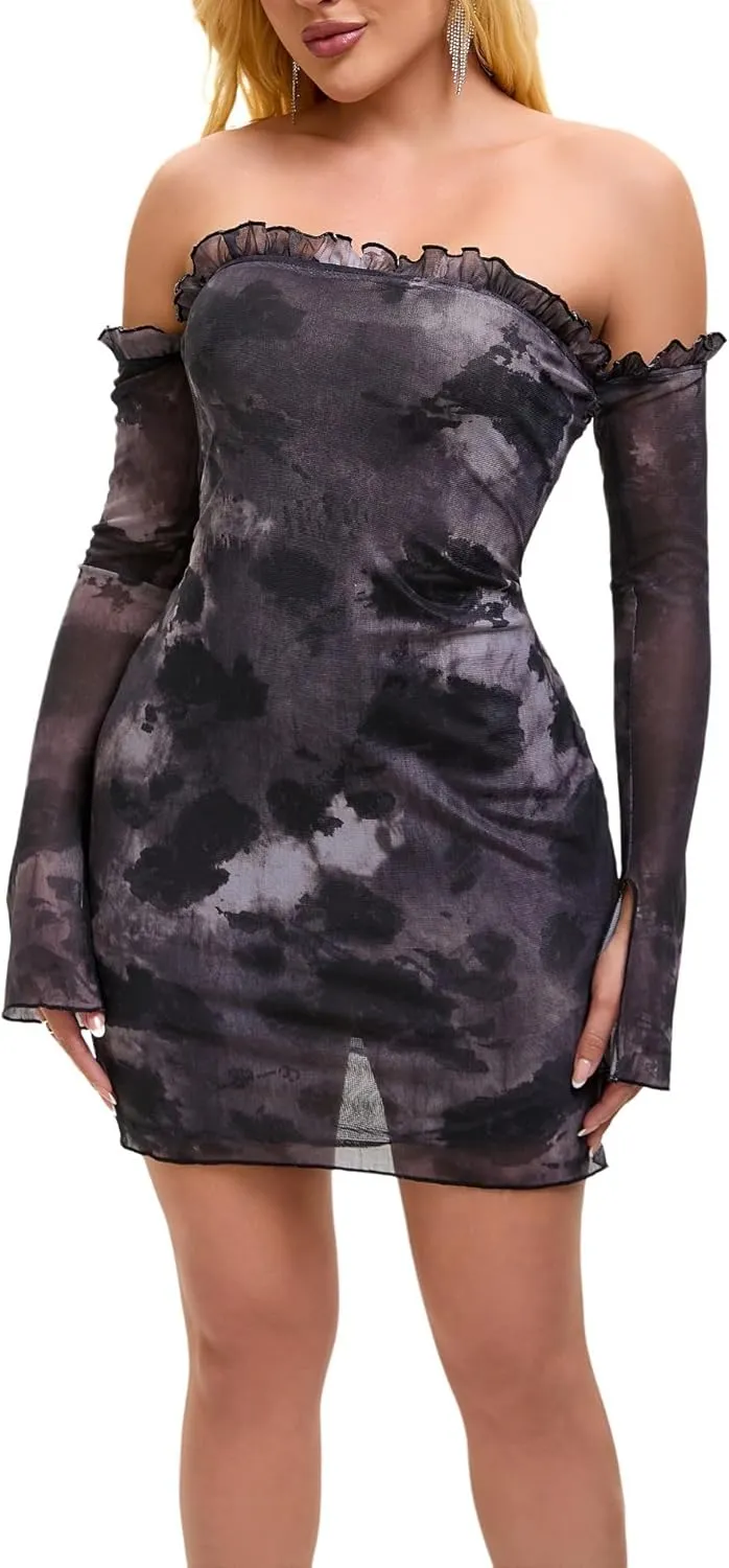Womens Off The Shoulder Long Sleeve Mesh Sexy Going Out Clubwear Bodycon Mini Dress