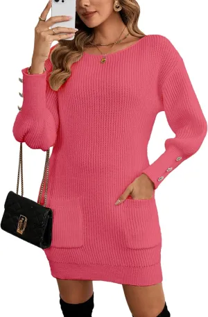 Women's Sexy Off The Shoulder Pocket Sweater Dress Spring 2025 Trendy Ribbed Knit Solid Long Sleeve Mini Dresses