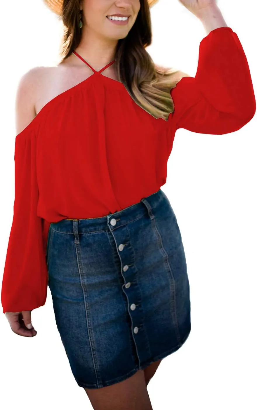 Women's Spaghetti Halter Off The Shoulder Blouse Long Sleeve Shirt Tops