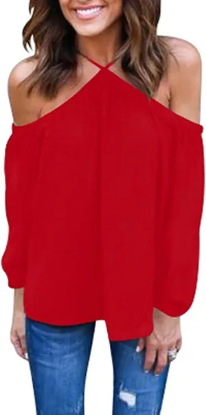 Women's Spaghetti Halter Off The Shoulder Blouse Long Sleeve Shirt Tops