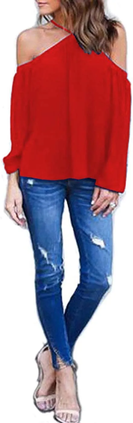 Women's Spaghetti Halter Off The Shoulder Blouse Long Sleeve Shirt Tops