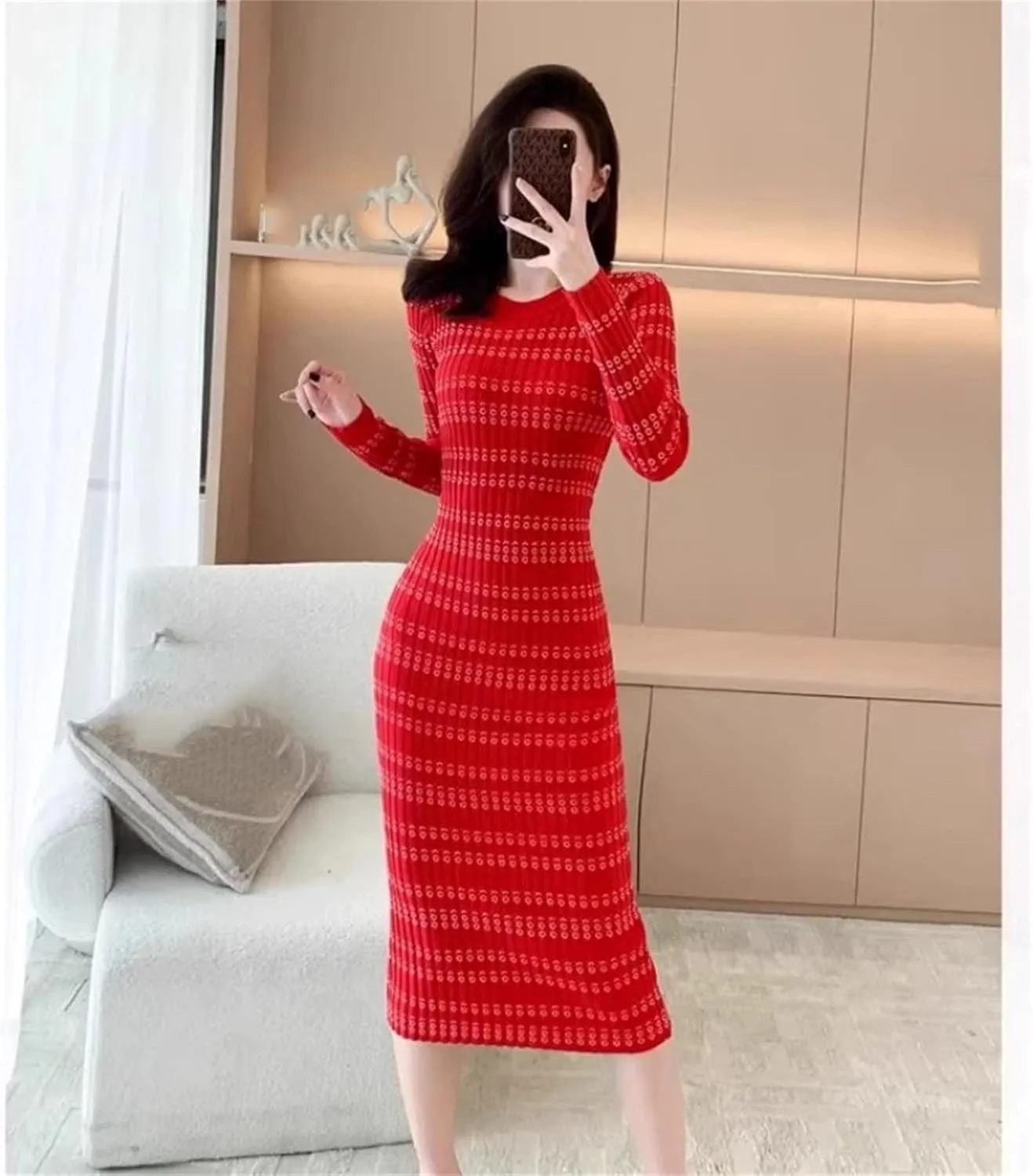 Women's Striped Knit Pencil Dress - O-Neck Long Sleeve Chic Slim Fit