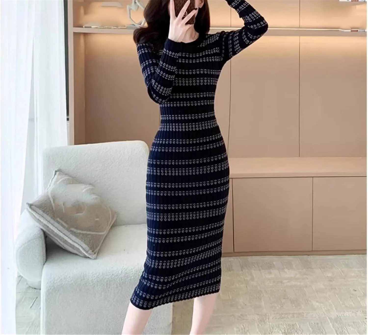 Women's Striped Knit Pencil Dress - O-Neck Long Sleeve Chic Slim Fit
