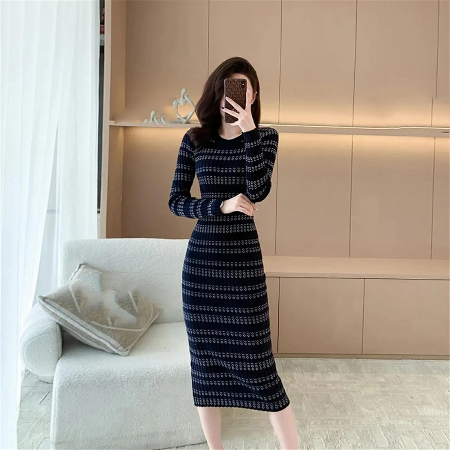 Women's Striped Knit Pencil Dress - O-Neck Long Sleeve Chic Slim Fit