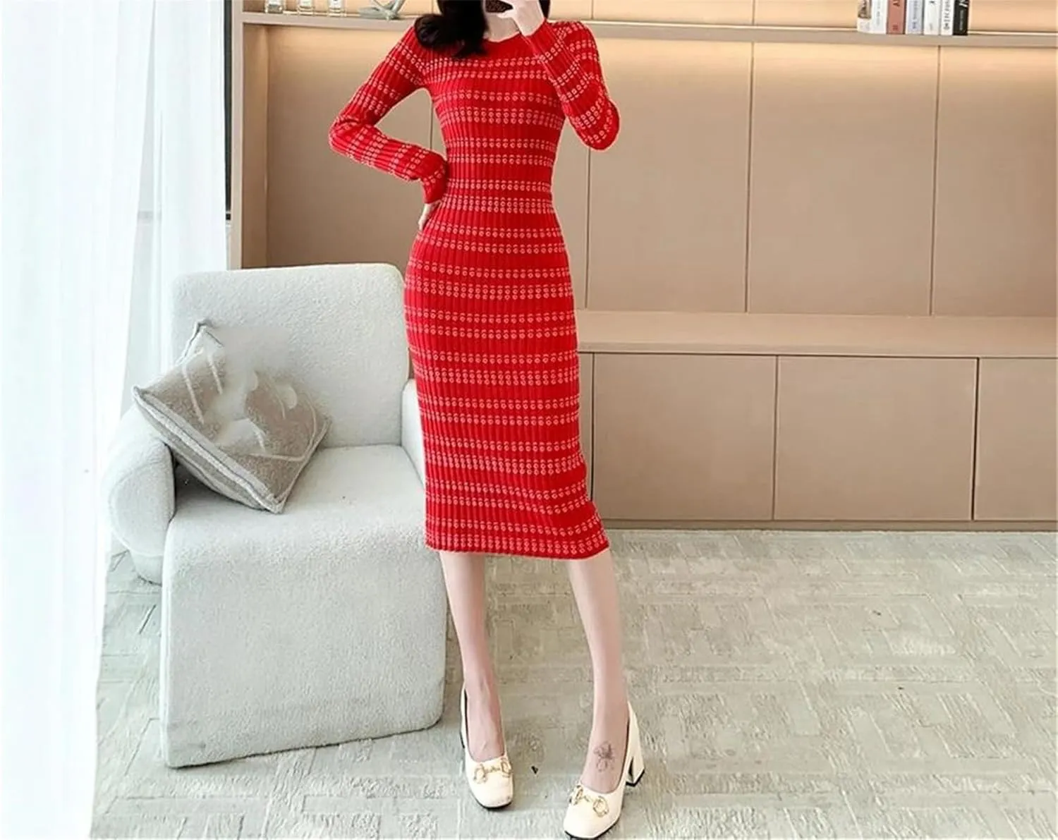 Women's Striped Knit Pencil Dress - O-Neck Long Sleeve Chic Slim Fit