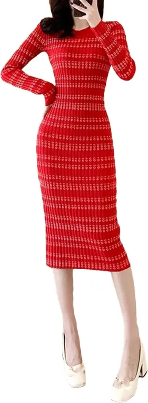 Women's Striped Knit Pencil Dress - O-Neck Long Sleeve Chic Slim Fit