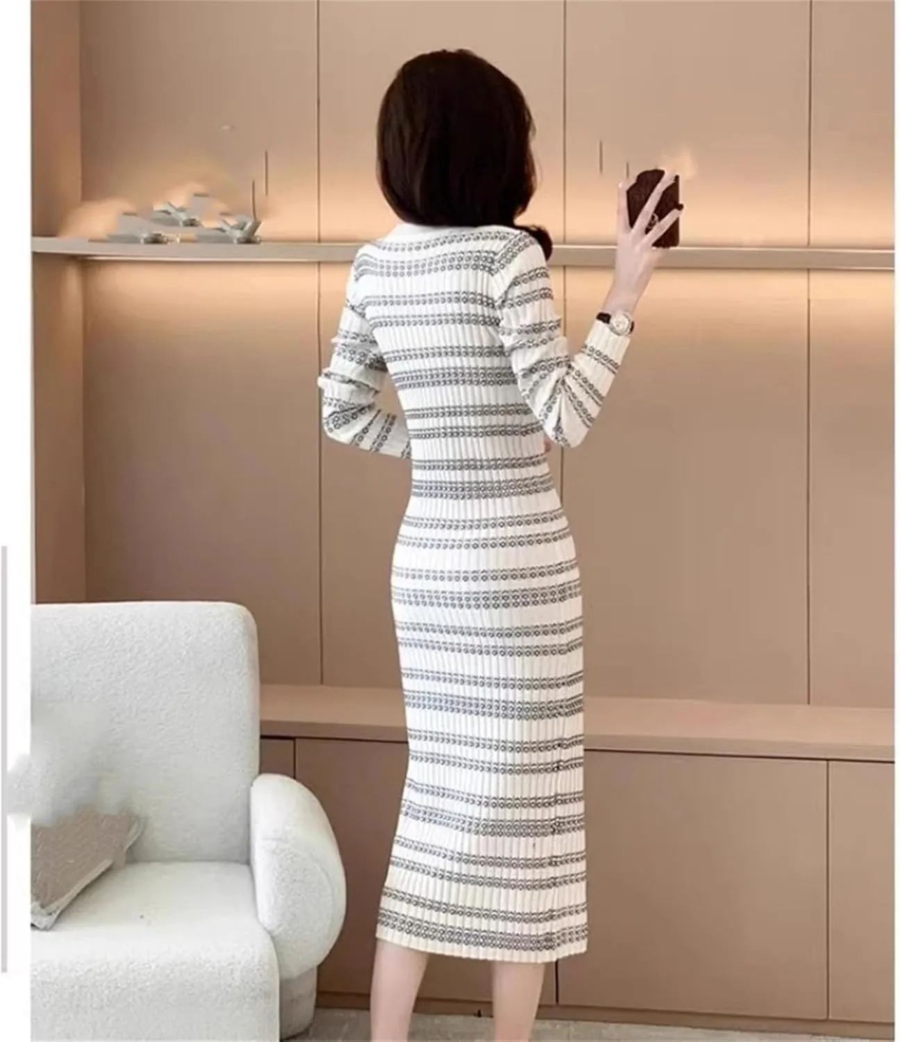 Women's Striped Knit Pencil Dress - O-Neck Long Sleeve Chic Slim Fit