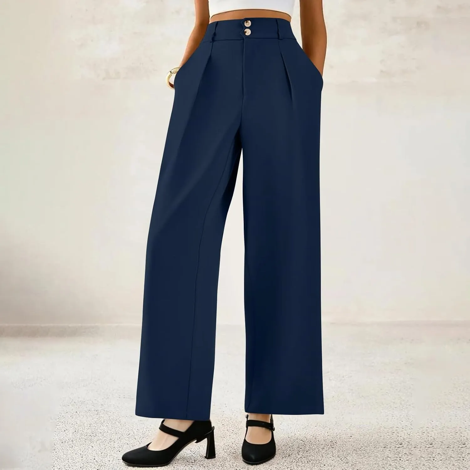 Womens Wide Leg Dress Pants Stretchy Palazzo Pants Business High Elastic Waisted Button Long Trousers